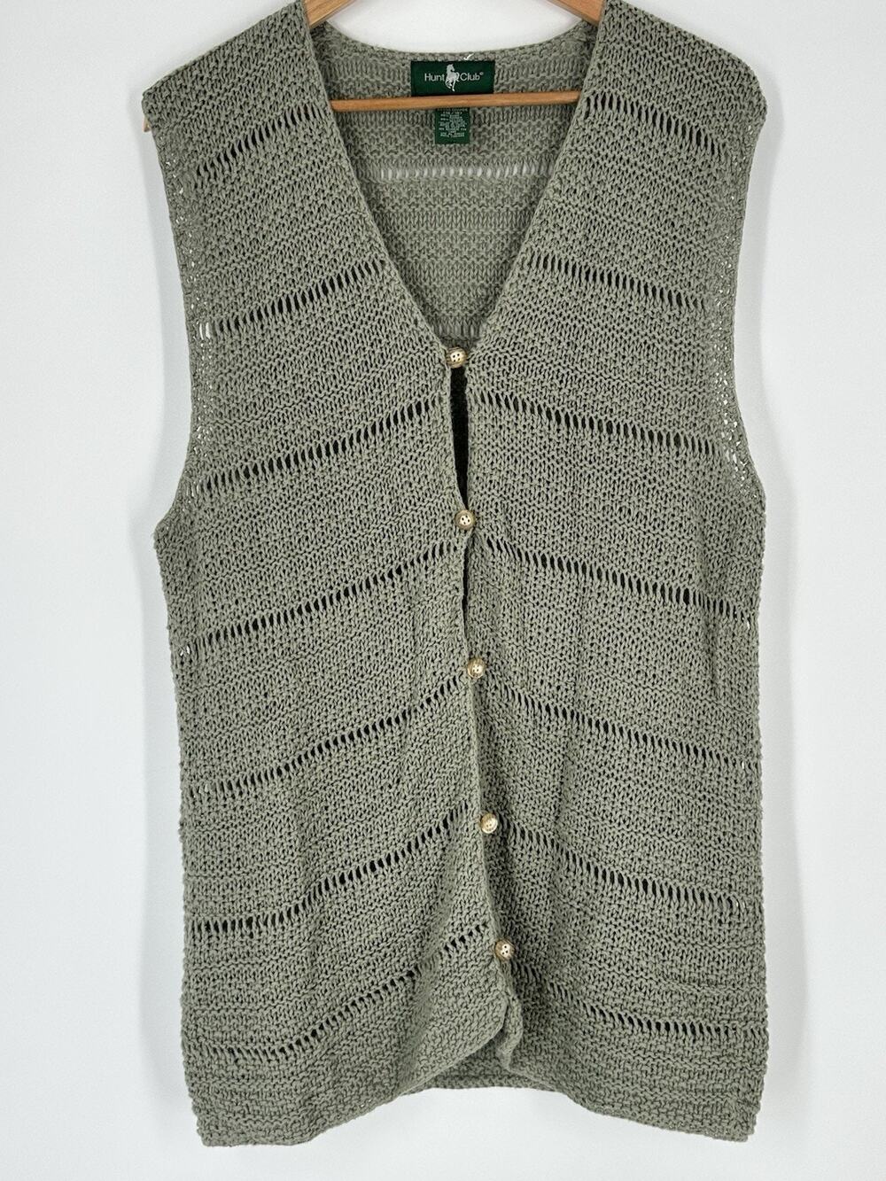 VTG 90s Y2K Sage Green Crochet Boho Cardigan Vest Cottage Grandma XL Hunt Club